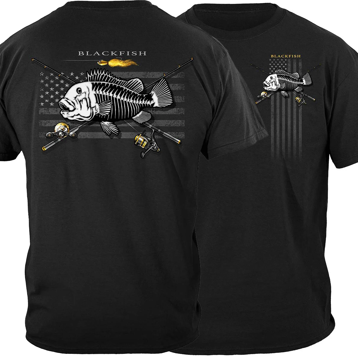 

Hot Sale USA Flag Blackfish Skeleton Fisherman Angler Gift T Shirt New 100% Cotton Short Sleeve O-Neck T-shirt Casual Mens Top