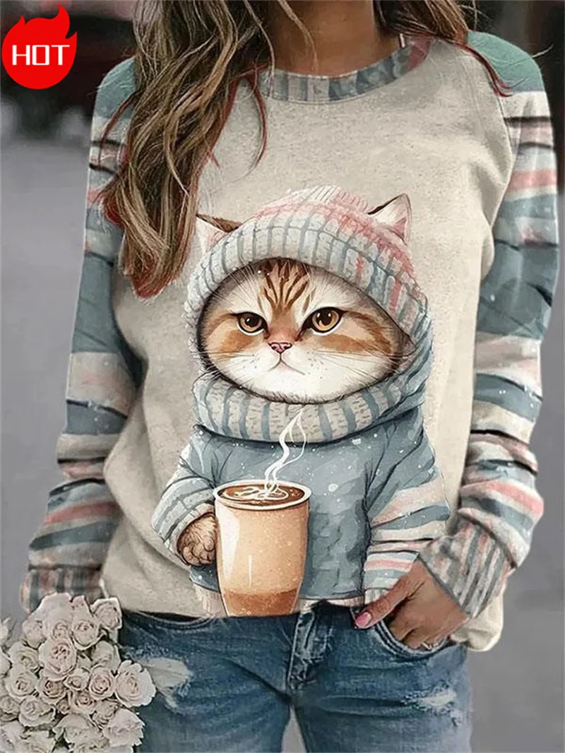 Harajuku 3D Cute Rabbit Printed Sweatshirts Funny Coffee Little Cats Graphic New In Sweaters Women Fashion Crewneck
