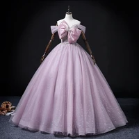 off the shoulder bow prom dresses tulle apploque beading quinceanera dresses elegant polka dots lace up evening party dress 2022