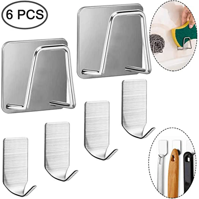 

Adhesive Sponge Holder with Wall Hooks Stainless Steel Sink Sponges Drain Drying Rack Kitchen Accessories Storage Organizer