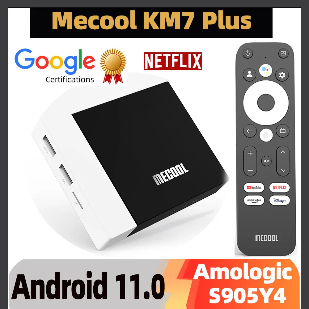 Mecool KM7 Plus Smart TV Box Android 11 Amlogic S905Y4 2GB 16GB Google Certified Voice Support AV1 1080P H.265 4K 60pfs Netflix