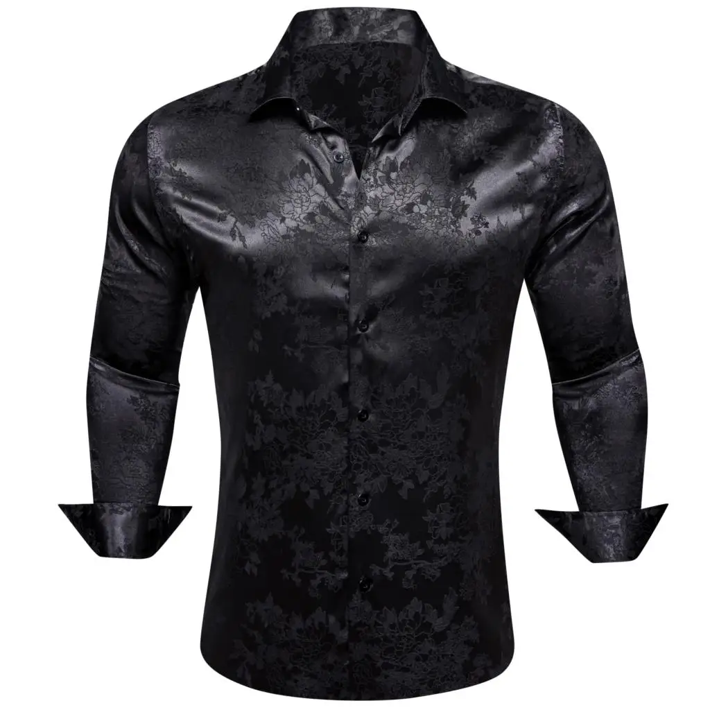

Luxury Shirts for Men Long Sleeve Silk Black Floral Slim Fit Male Blouese Casual Tops Formal Streetwear Breathable Barry Wang