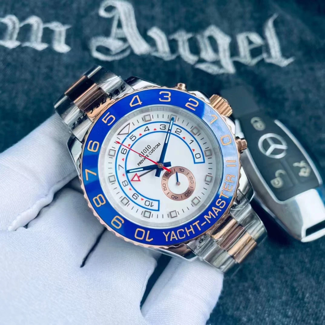 

Роскошные автоматические механические мужские часы Синяя Керамическая рамка Сапфировая нержавеющая сталь GMT яхта розовое золото 44 мм
