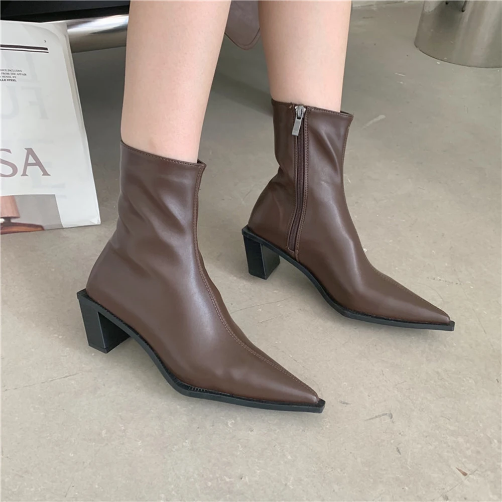

Pointed Toe Women Ankle Boots Fashion 2022 New Arrivals Size Zipper Square Thick High Heels Chelsea Booties Winter Ankle Botas