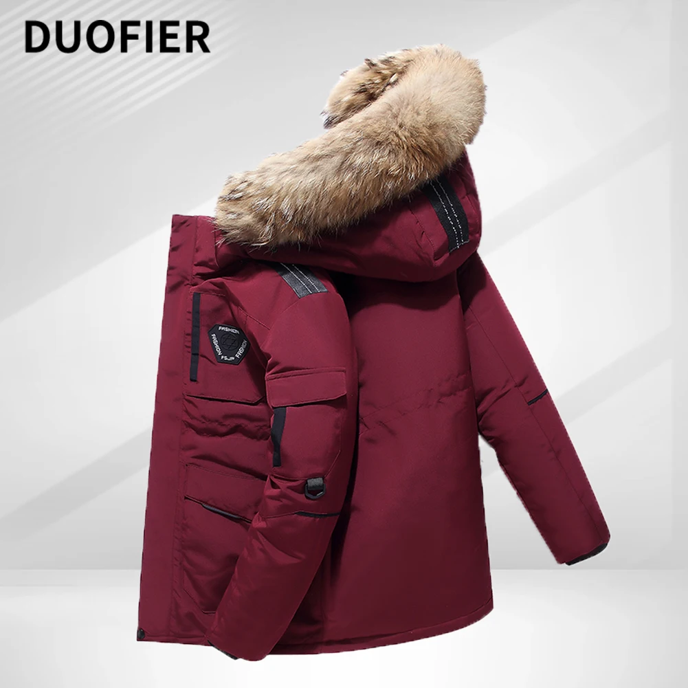 Пуховик мужской с меховым воротником, зимняя ветрозащитная теплая куртка с капюшоном, со съемной шапкой, повседневное модное утепленное пальто с принтом