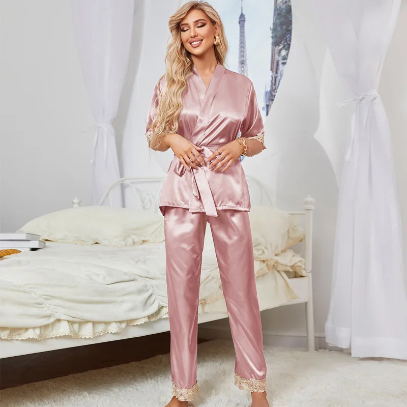 

Lace Women's Sleepwear Summer New Robe&Pant 2 Piece Pajamas Suit V-Neck Sexy Intimate Nightwear Faux Silk Autumn Loose Home Wear
