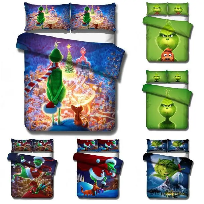 

Cartoon Green Monster Printed 2/3 Piece Quilt Cover and Pillowcase Set 3D Single Pair Full Queen King Christmas Bedding Set