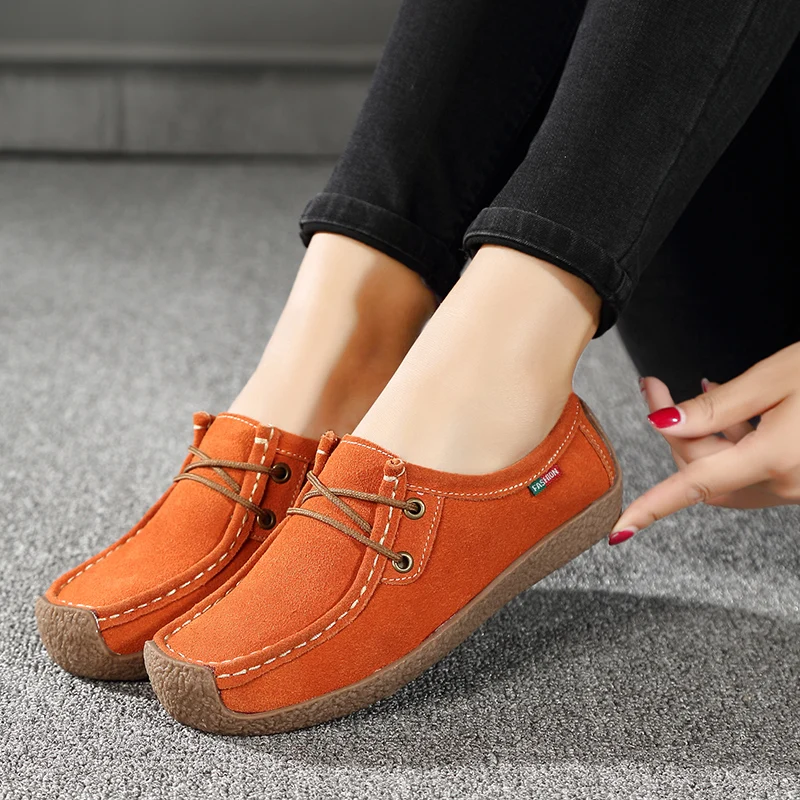 Women's Genuine Leather Shoes Outdoor Casual Flats Women Handsewn Suede Loafer 5 Colors Size:35-42 Walking Shoes