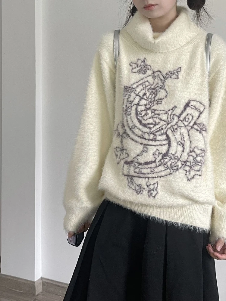 Женский свитер в стиле преппи Y2k жаккардовые пуловеры с высоким воротником