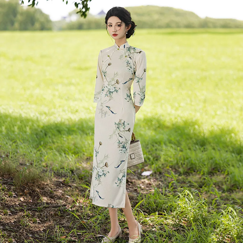 Традиционная китайская Осенняя Qipao длинная Улучшенная Женская юбка-Ципао для