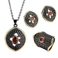 ajojewel vintage court style women jewelry sets red zircon necklace two tone wide band ring geometric earrings ancien retro gift