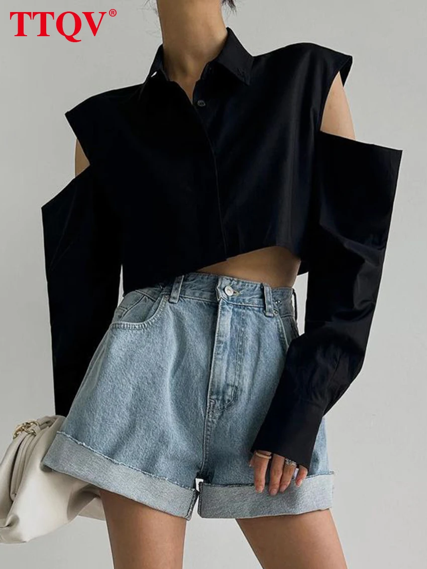 

Модные новые черные ажурные рубашки TTQV для женщин 2023, элегантные однотонные женские блузки с длинным рукавом, Повседневная хлопковая короткая блузка с отворотом