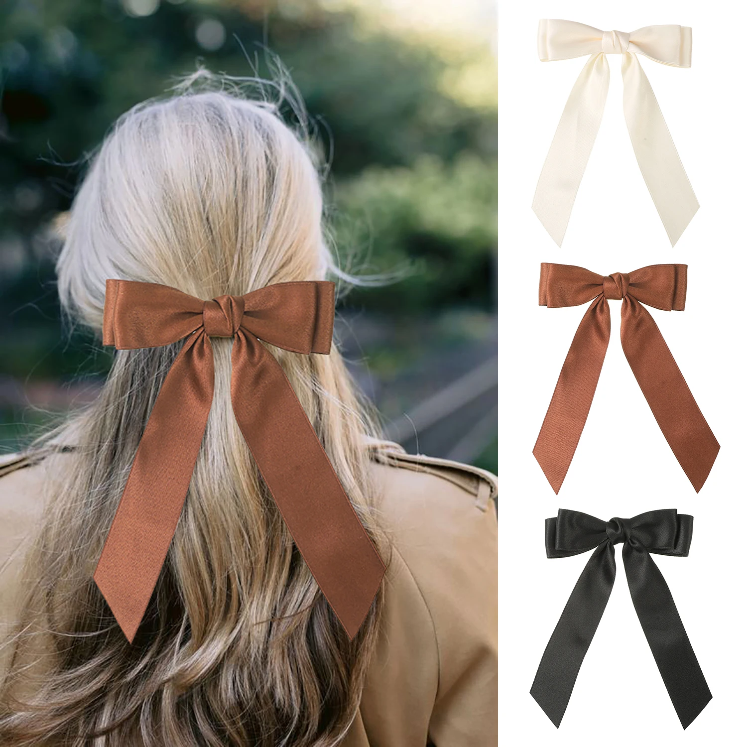 Сплошной цвет с бантом длинная лента заколка для волос женщин и девочек