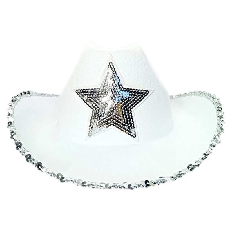 

Cowboy Hat Western Wide Brim Hat Women Sequin Pentastar Cowgirl Hat Cosplay Party Hat Costume Fedora Caps Accessory