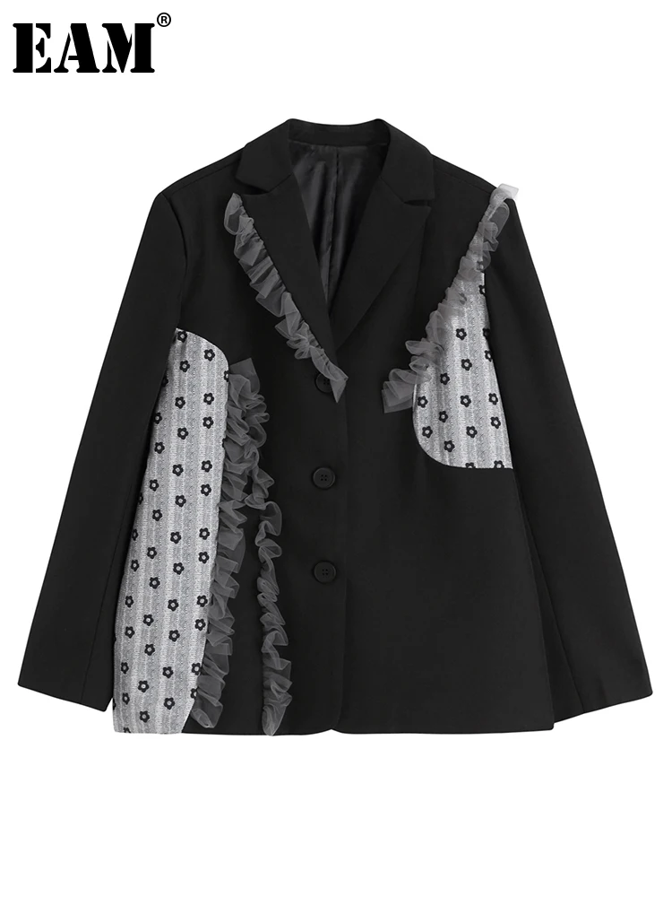 

[EAM] Women Black Printed Ruffles Big Size Blazer New Lapel Long Sleeve Loose Fit Jacket Fashion Spring Autumn 2022 1DE6480