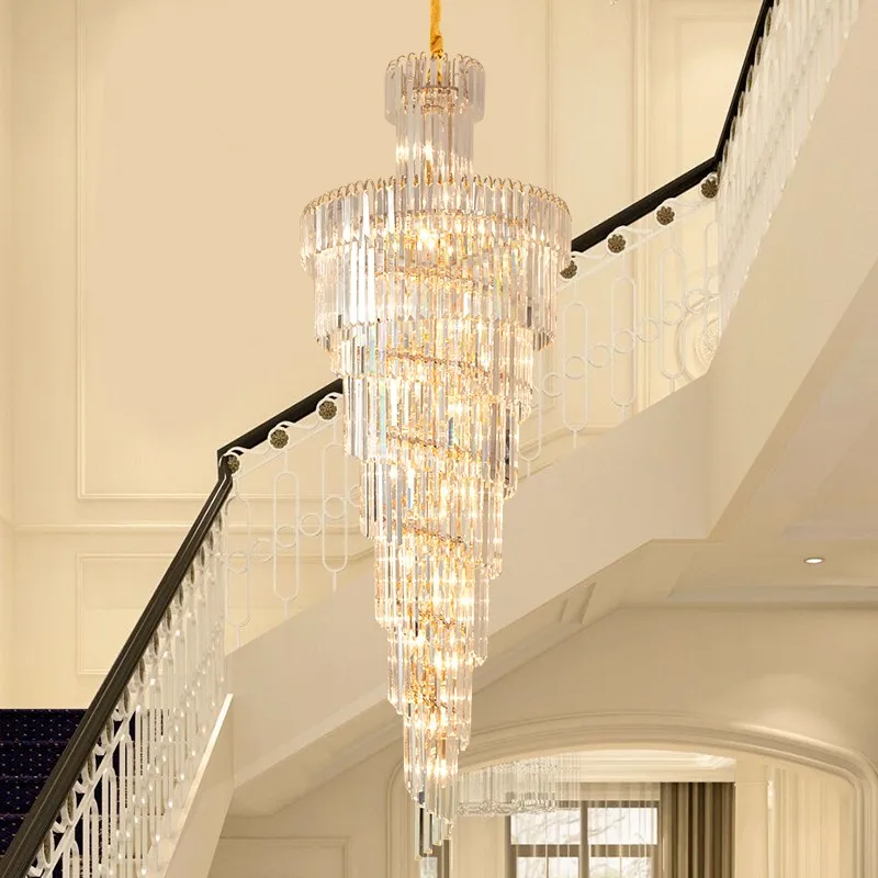 

Luxury Crystal Big Chandelier Revolving Staircase Pendant Lamp Villa Living Room Lights Duplex Building Simple Hall Chandeliers