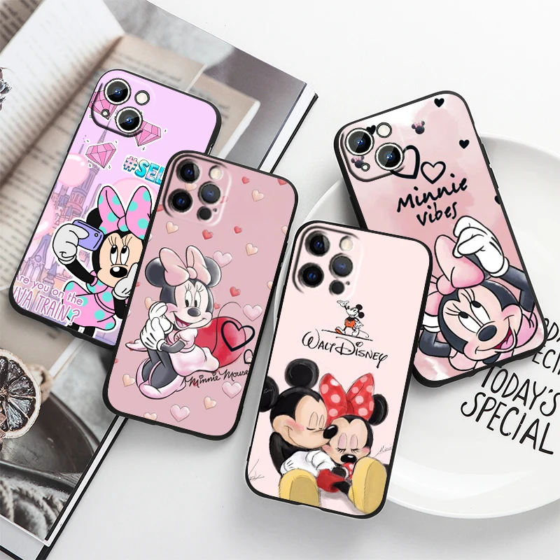 

Disney Pink Minnie Mickey For Apple iPhone 14 13 12 11 Pro Max Mini XS Max X XR 6S 6 7 8 Plus 5S SE2020 Soft Black Phone Case