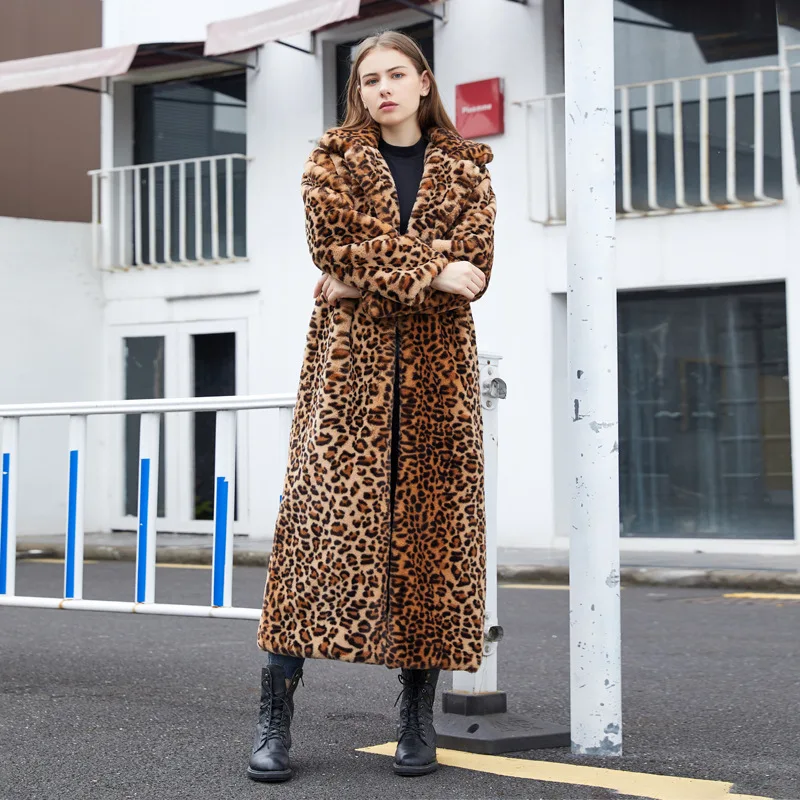 Women's imitation fur leopard rabbit hair super long suit collar fur coat
