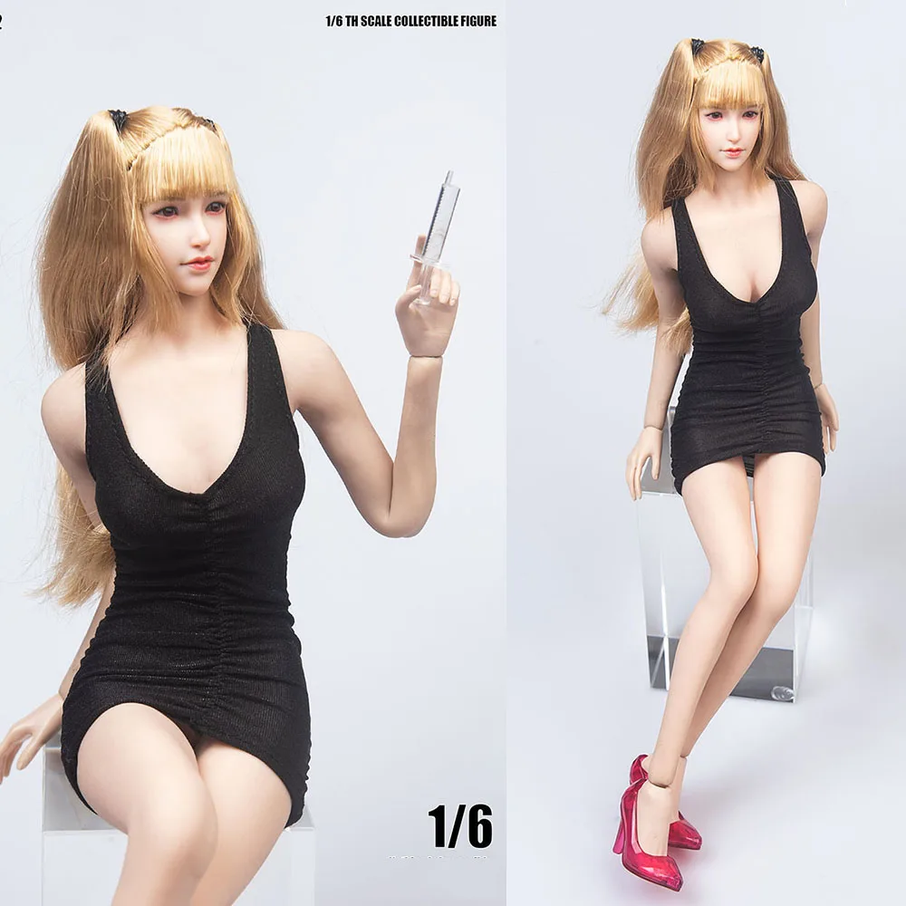 

1/6 Female Soldier Dress Black Pleated Sexy Dress Bodycon Mini Dress Shoes Tight V Neck Short Skirt For 12" Action Figure Body