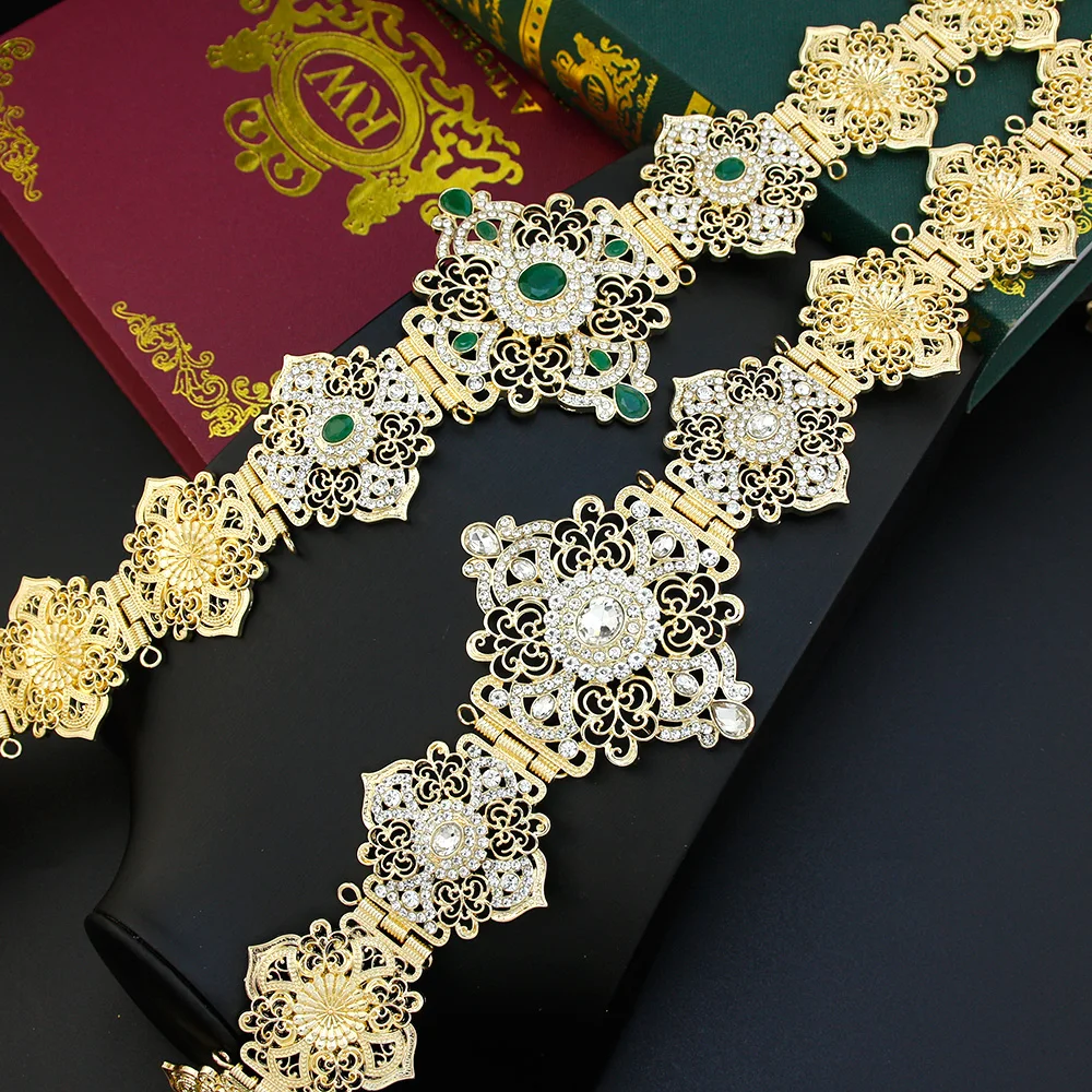 

Sunspicems Moroccan Style Metal Women Waist Belt Adjustable Length Bride Wedding Jewelry Gold Color Crystal Dress Caftan Belt