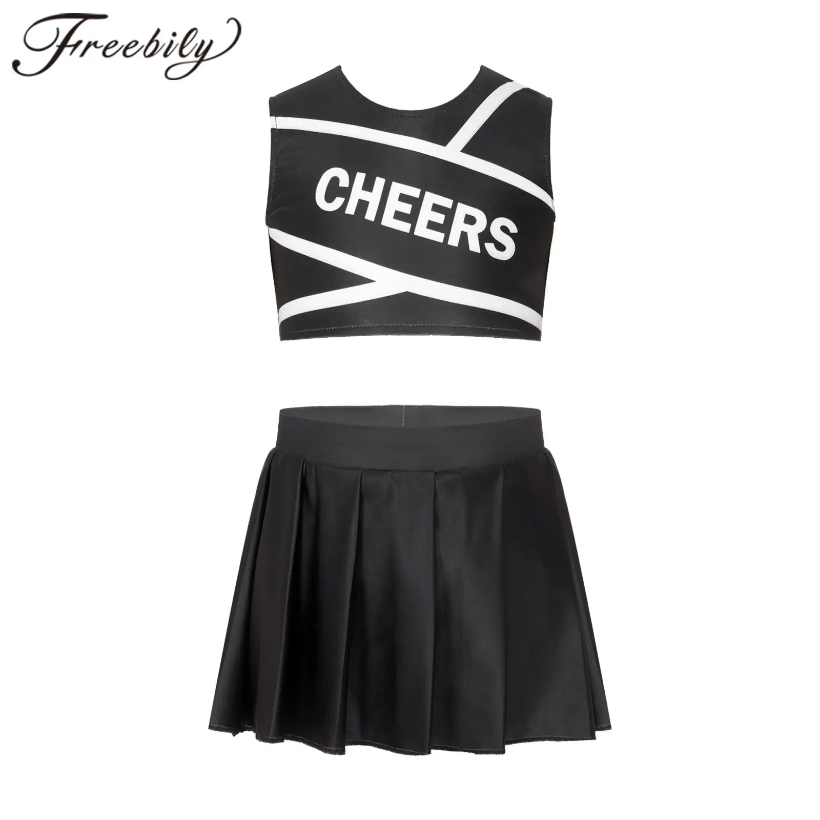 

Kids Girls Cheerleading Uniforms Sleeveless Cheers Printed Cheerleader Costume for Cheer Dance Outfit Performance Dancewear