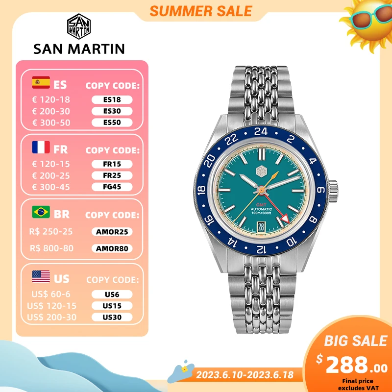San Martin New Original Design Men Watch 39.5mm GMT Swim Sports Automatic Mechanical Wristwatch Waterproof 10Bar Luminous SN0116