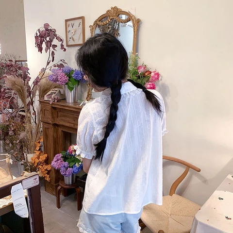 Kawaii White Shirts Women Japanese Lolita Lace Patchwork Blouses Summer Harajuku Preppy Puff Short Sleeve Peter Pan Collar Tops