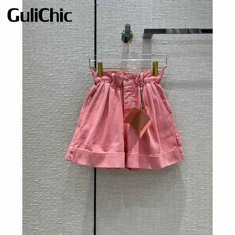 

7.7 GuliChic Women Fashion Letter Print Pink High Waist 100% Cotton Washed Denim Shorts