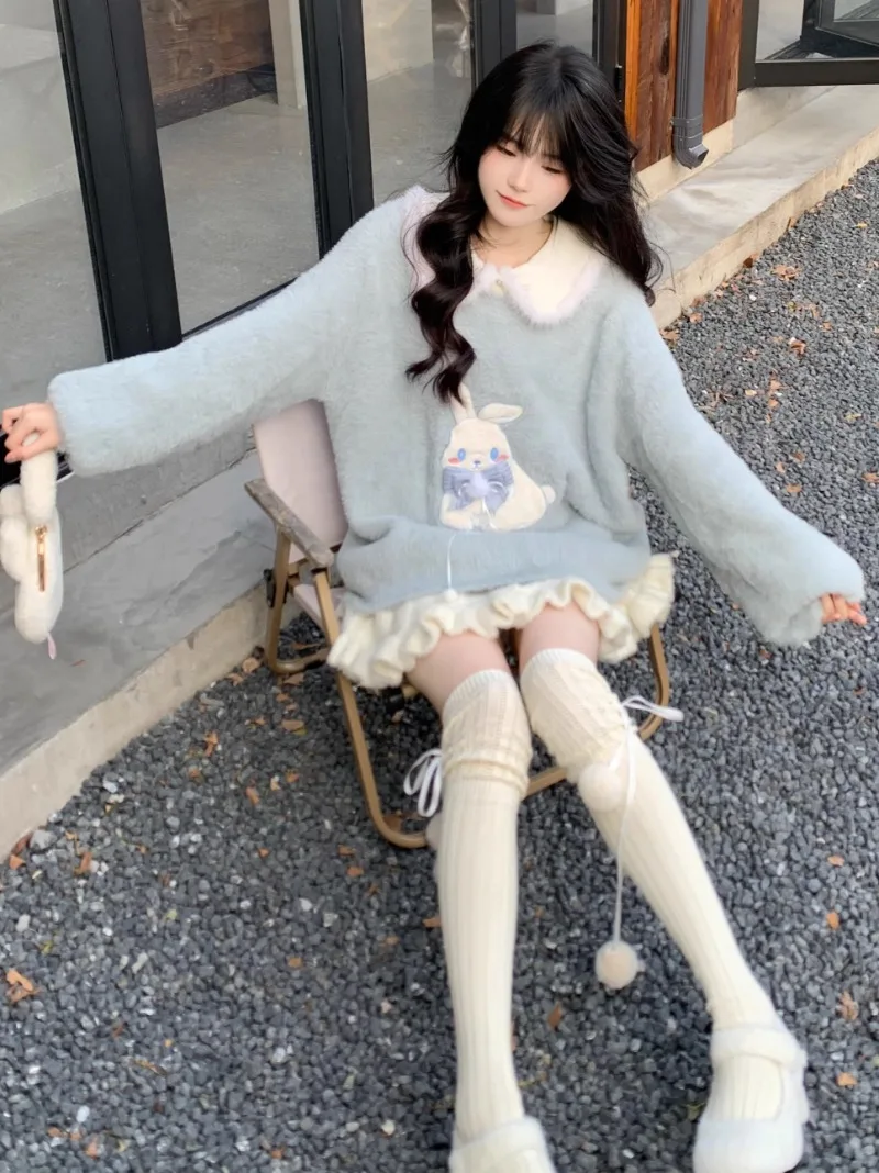 Женский свободный свитер из меха норки голубой вязаный пуловер в японском стиле