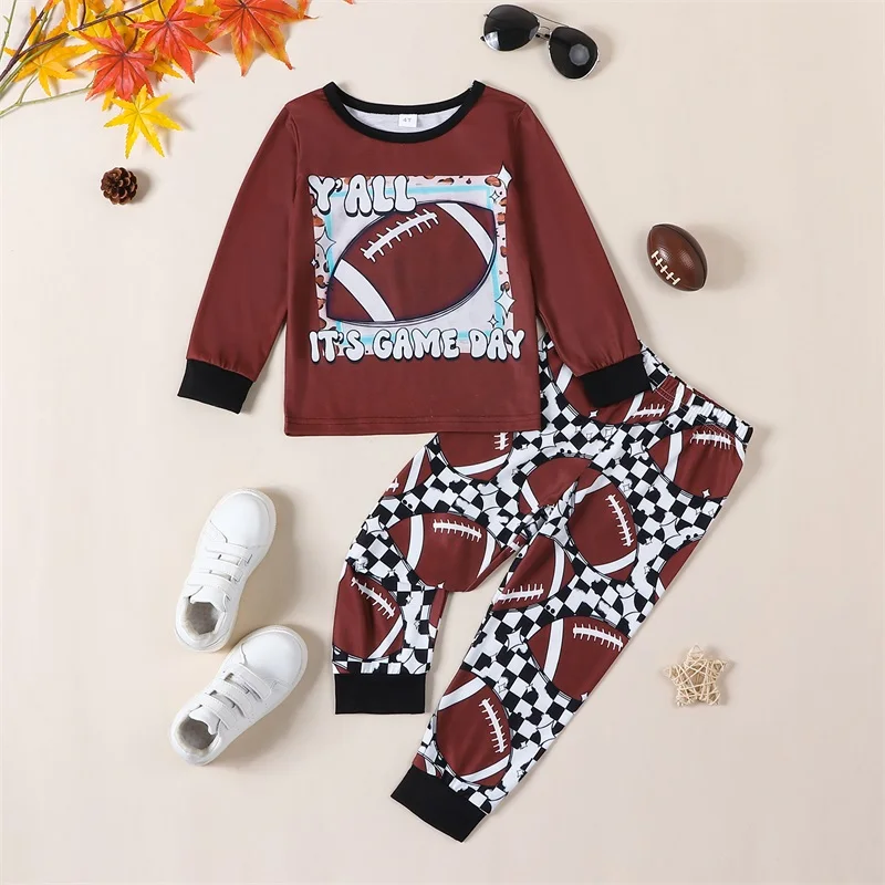 

Autumn Kid Clothes Boys Outfits Rugby Print Long Sleeve Round Neck Sweatshirt and Elastic Waist Pants Set Children's Clothing