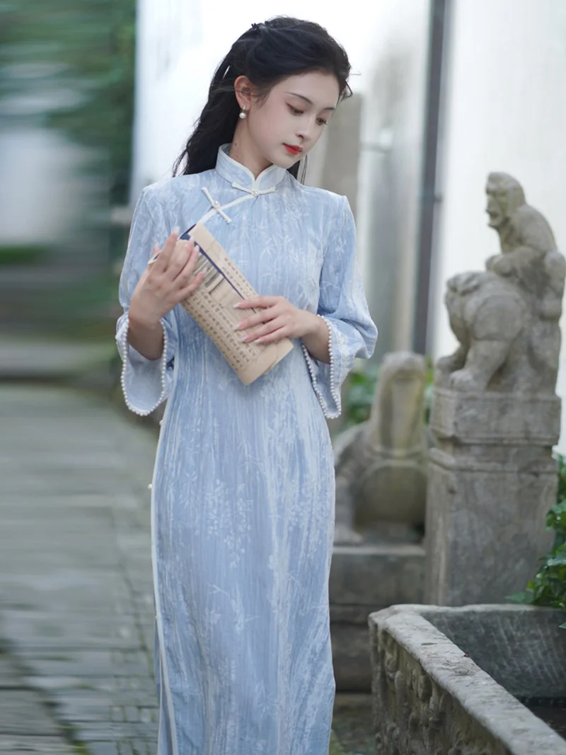 2024 женское новогоднее синее платье Cheongsam в китайском стиле улучшенное винтажное