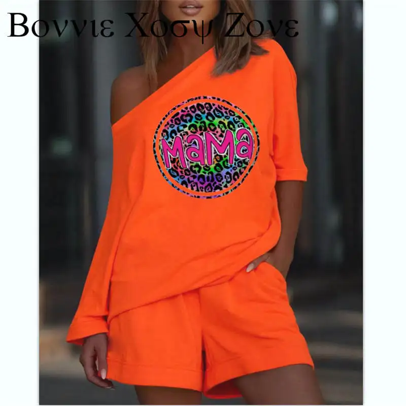 

Mother's Day Leopard Mama Print Female Sports Suit Women Summer Skew Neck Casual Top & Pocket Detail Shorts Set