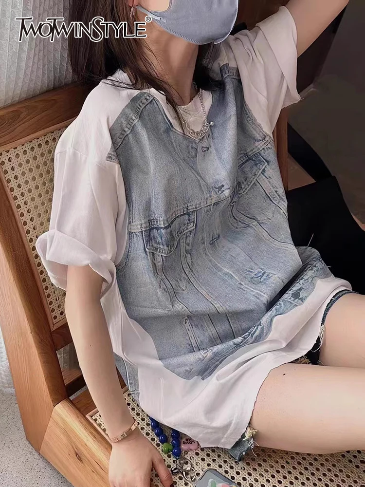 

TWOTWINSTYLE, Свободные повседневные футболки для женщин, круглый вырез, короткий рукав, Хит, цветная футболка с принтом, летняя женская модная одежда