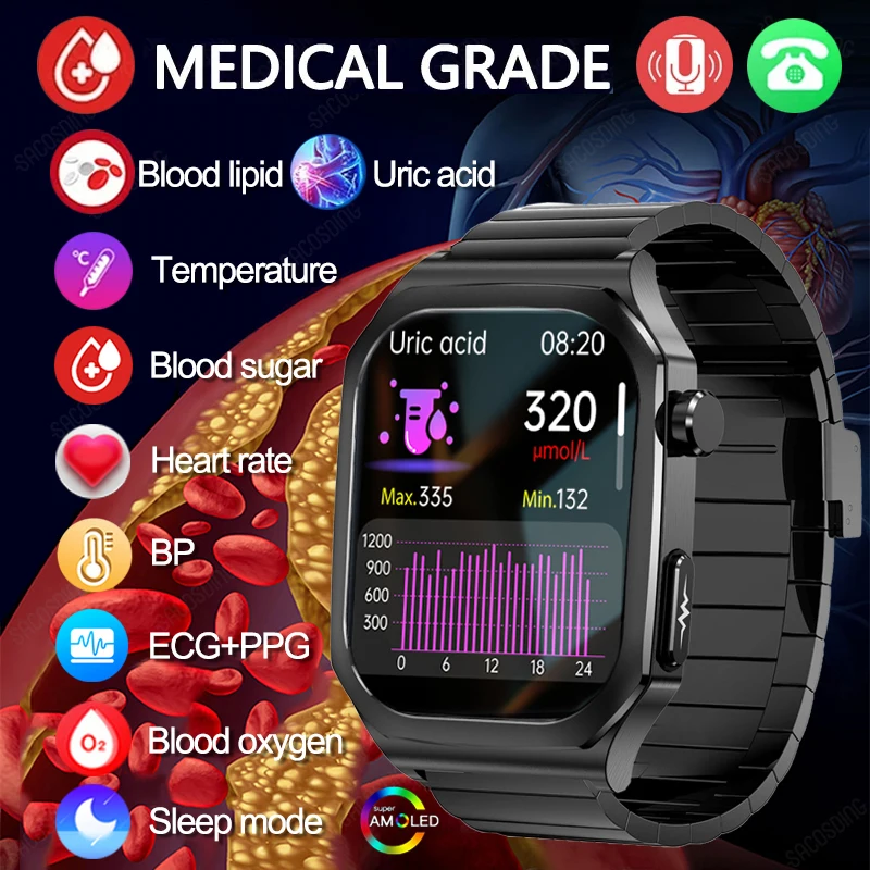 Blood Sugar Health Smart Watch Lipid Uric Acid Monitor Sport ECG+PPG HD Bluetooth Call AI Voice Smartwatch SOS