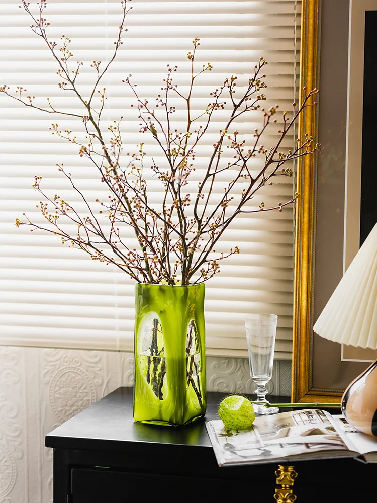 

Chinese Retro Style Olive Green Glass Flower Vase Home Decorations Dried Flower Vases Office Bookshelf Decorative Art Ornaments