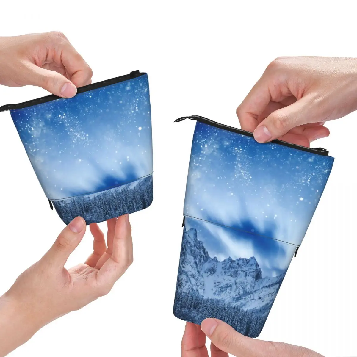 

Winter Mountains Fold Pencil Case Fantasy Sky Print Cute Standing Pencil Box Back to School For Teens Pen Bags