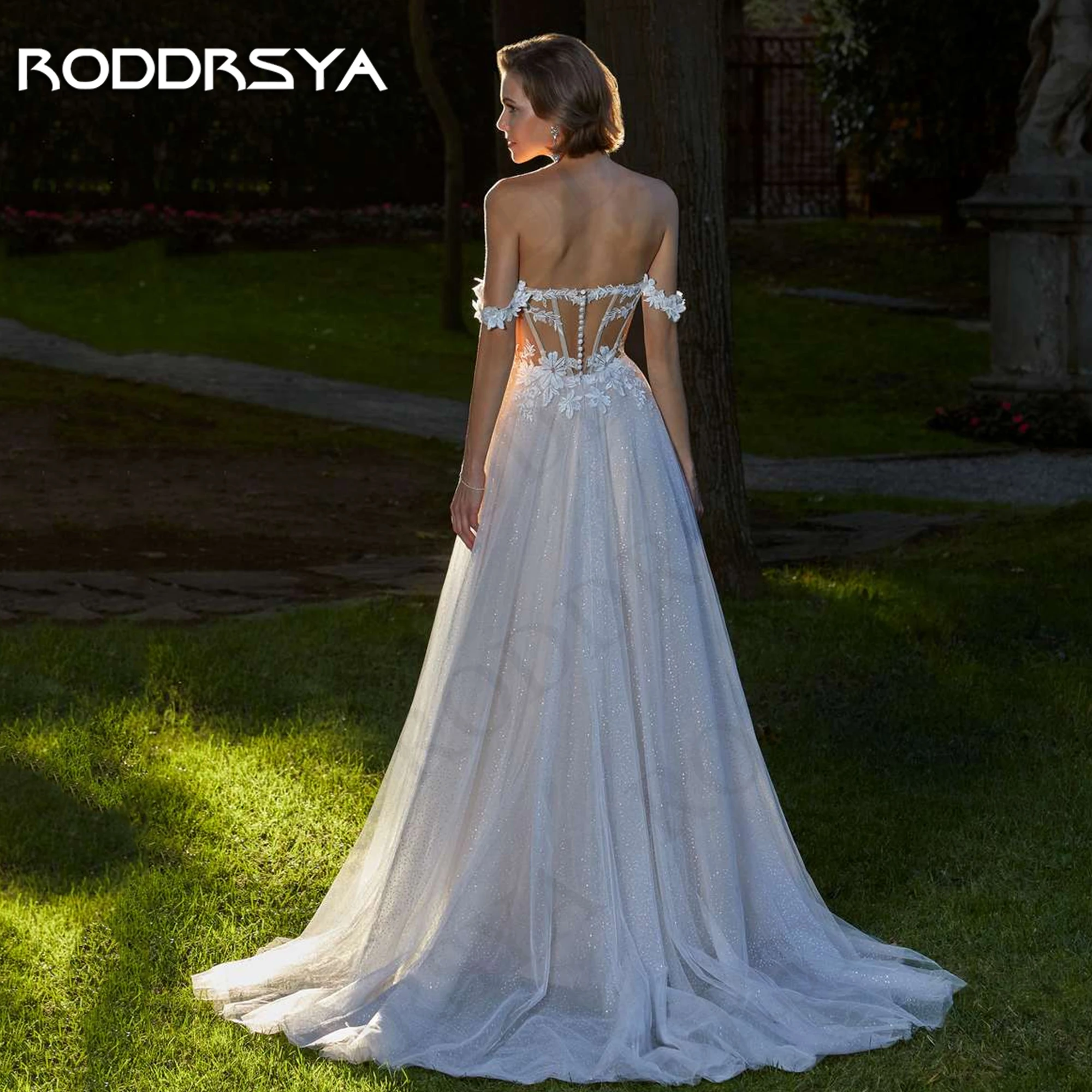 Фото RODDRSYA элегантное блестящее свадебное платье для невесты с разрезом и открытыми плечами тюлевые свадебные платья свадебные женские свадебные платья а-силуэта Элегантные блестящие свадебные платья для невесты  Сплит O №2
