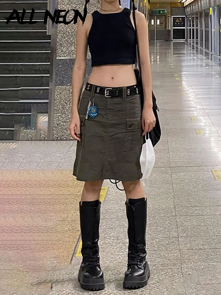 

ALLNeon Y2K Grunge Punk Low Waist Cargo Skirts Vintage 90s Street Style Pockets Trim A-line Midi Skirt 2022 Fashion Retro Bottom