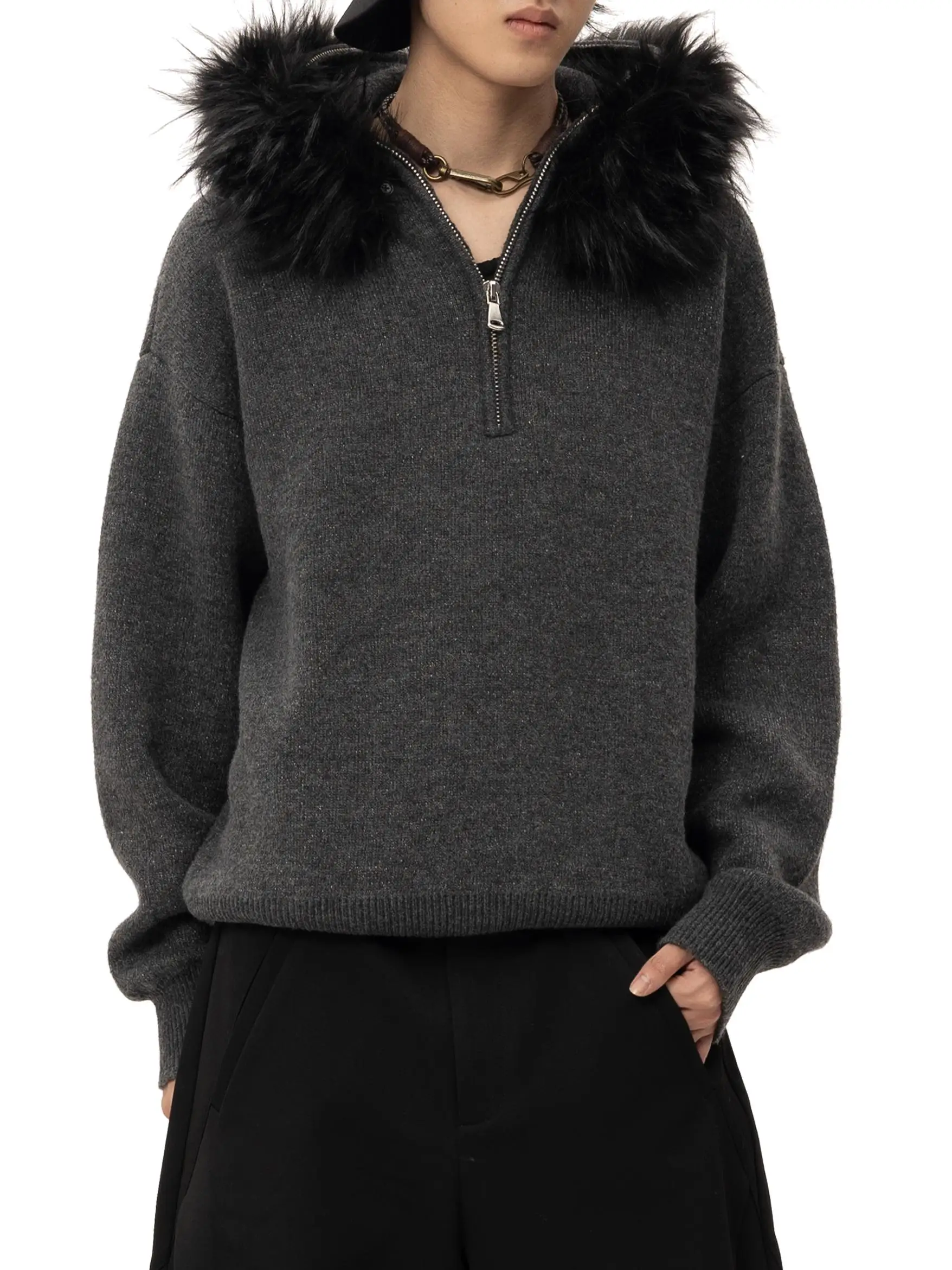 [TZ Killer] Hoodedsweater Detachable Plush Hood Top Loose All-Match Black and Gray Sweater
