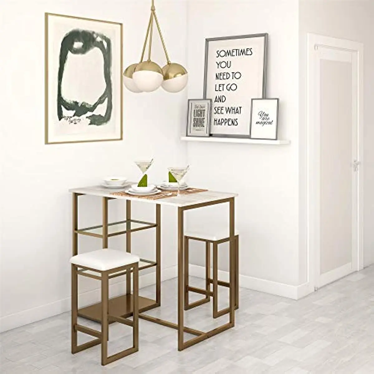 

Tanner 3-Piece Brass Pub Set with Faux Marble Top, White