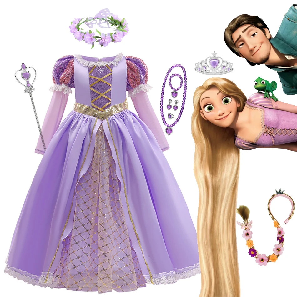 

Disney Rapunzel Princess Cosplay Dress Girl Tangled Princess Costume for Girls Short Sleeve Sequined Mesh Ball Gown Kids