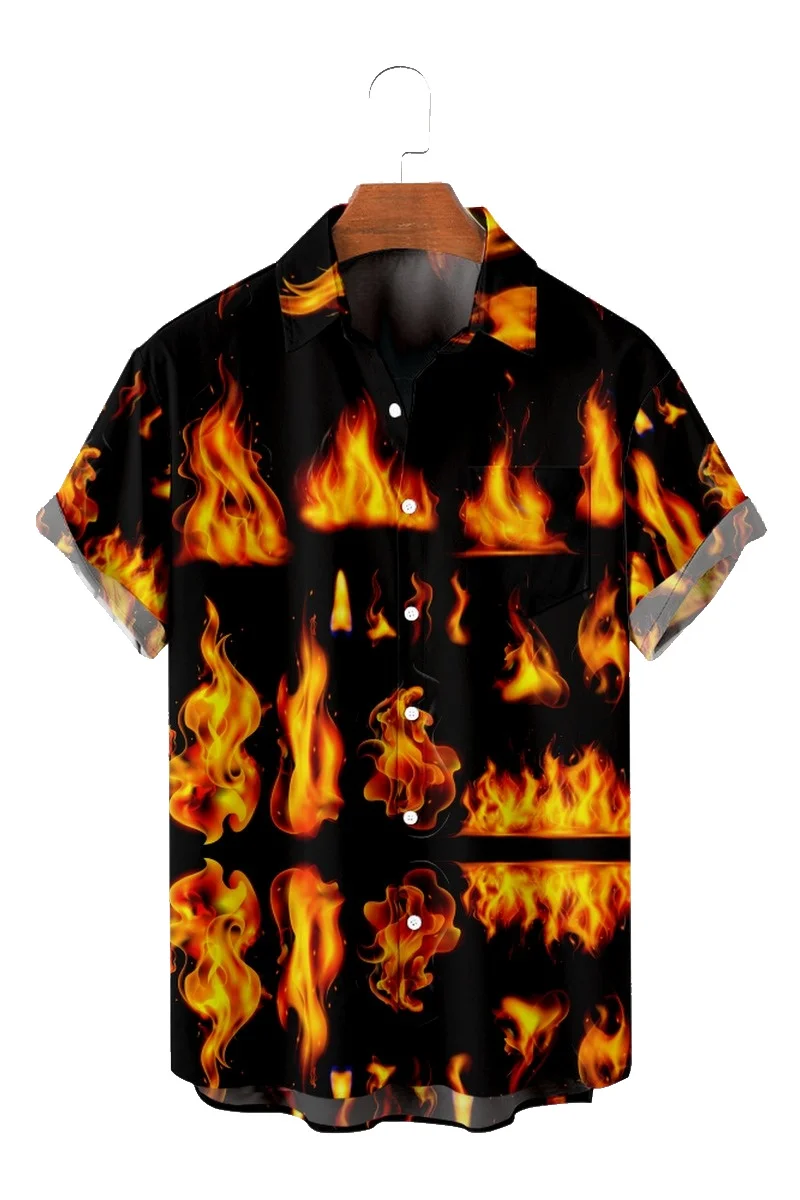 2022 Summer Beach Casual Men's Short Sleeve Lapel Shirt Plus Size Flame 3D Print Men's Top with Pockets