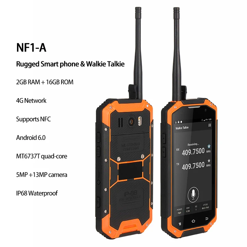 

4G LTE прочный смартфон с рацией 2 Гб ОЗУ 16 Гб ПЗУ 13 МП 4400 мАч четыре ядра NF1 _ A NFC IP68 Водонепроницаемый телефон