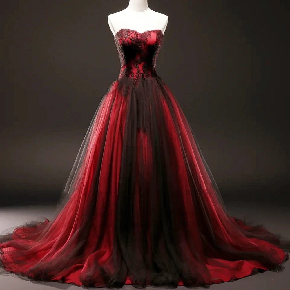 Черно-красное готическое свадебное платье 2025 года кружевные аппликации милый