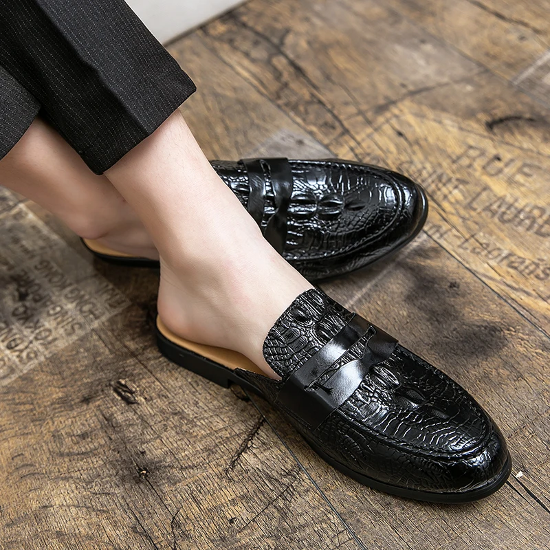 Мюли мужские из ПУ кожи тисненый узор однотонные низкий каблук маска украшение