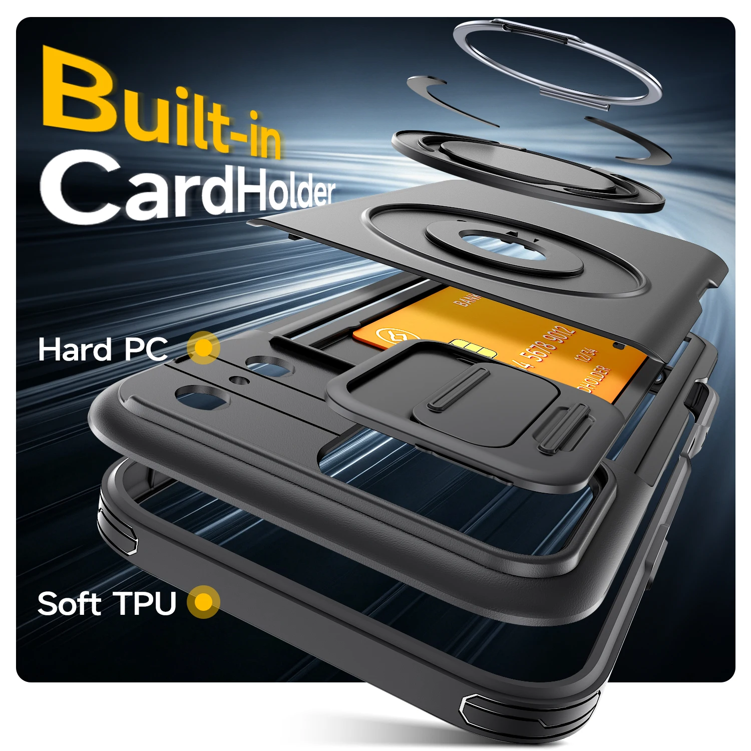 Фото Чехол для iPhone 11 12 13 14 15 16 Plus 17 Pro Max с защитой камеры, скрытым слотом для карт и металлическим кольцом-подставкой №4