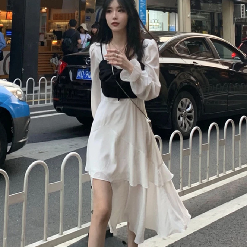 

Square Collar Elegant Y2k Dress Korea Bow Design 2021 Summer Chic Women Long Sleeve Slim White Dress Office Lady One Piece Dress