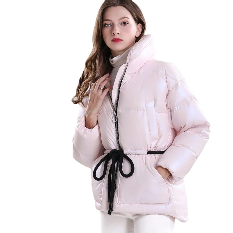 2022 Autumn Winter Women's Down Jacket Stand Collar Loose Drawstring Slim White Duck Down Coat Lady Warm Outerwear Short Tops