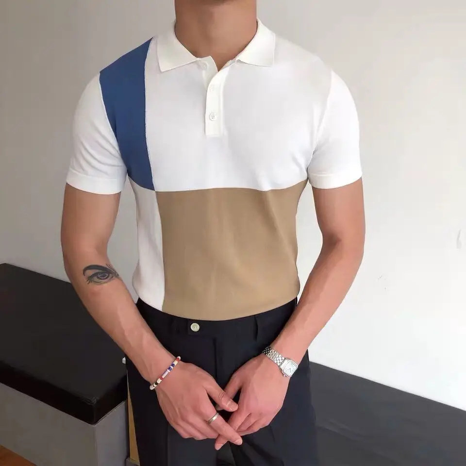 

2022 Summer Fashion Contrasting Colors Polo Shirts Short Sleeve Knitted Polo Shirt Men Clothing Turn Down Collar Slim Tops C57