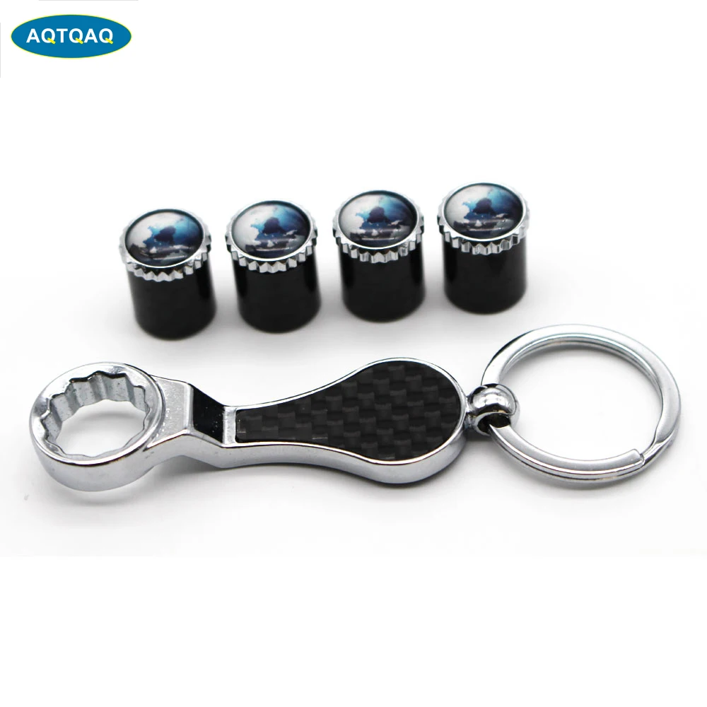 

5Pcs/Set Earth Style Emblem Auto Car Wheel Tire Air Valve Caps With Wrench Keychain Carbon Fiber + Copper Stem Dust Cover Access